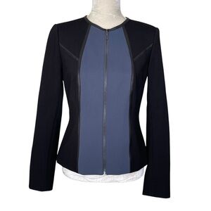 Carlisle New York Zip Up Jacket Women’s Size 4 Leather Trim Black Blue Chic